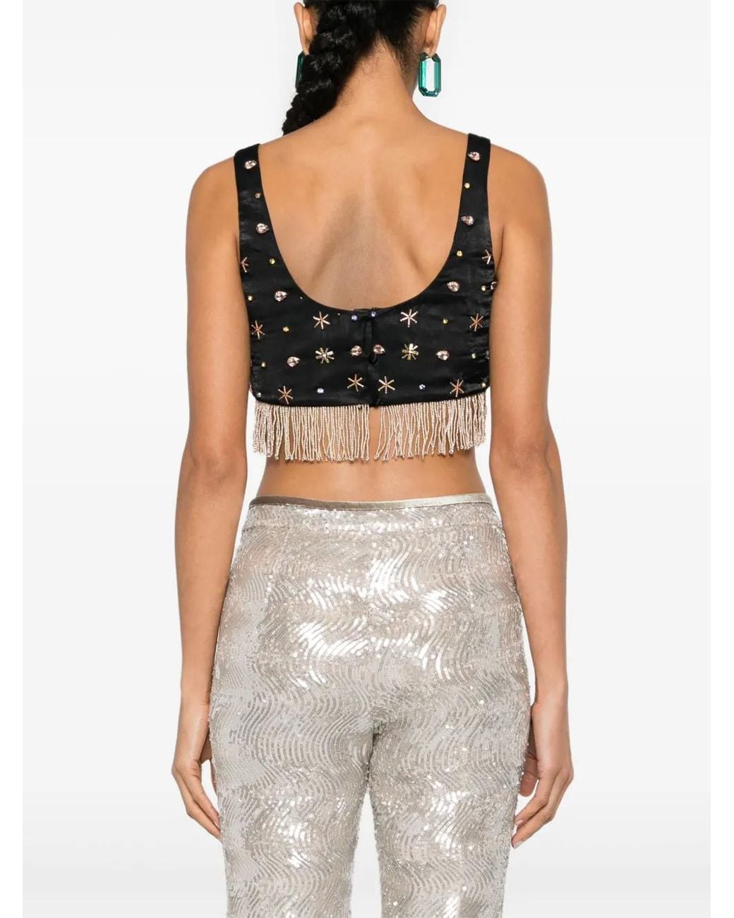 Forte_forte Black Fringed Bead-Embellished Crop Top