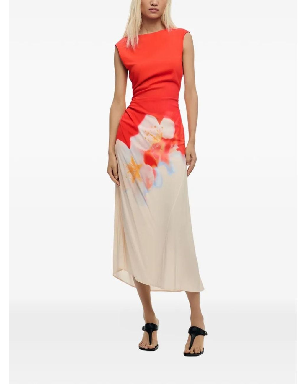 Desigual White Floral-Print Ruched Midi Dress