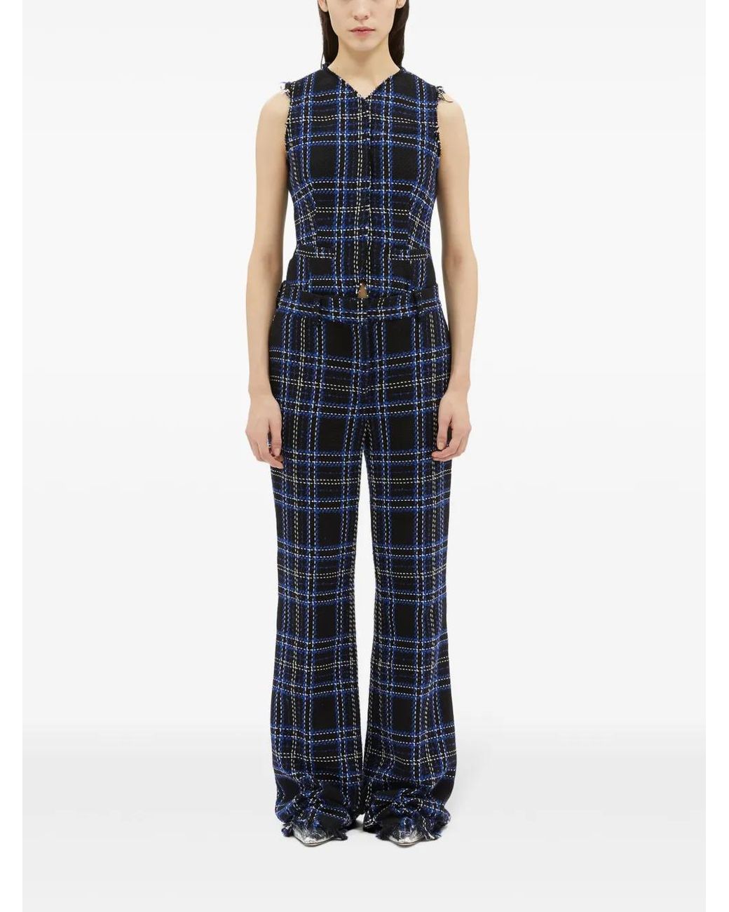 MSGM Blue Checked-Panel Cotton Trousers