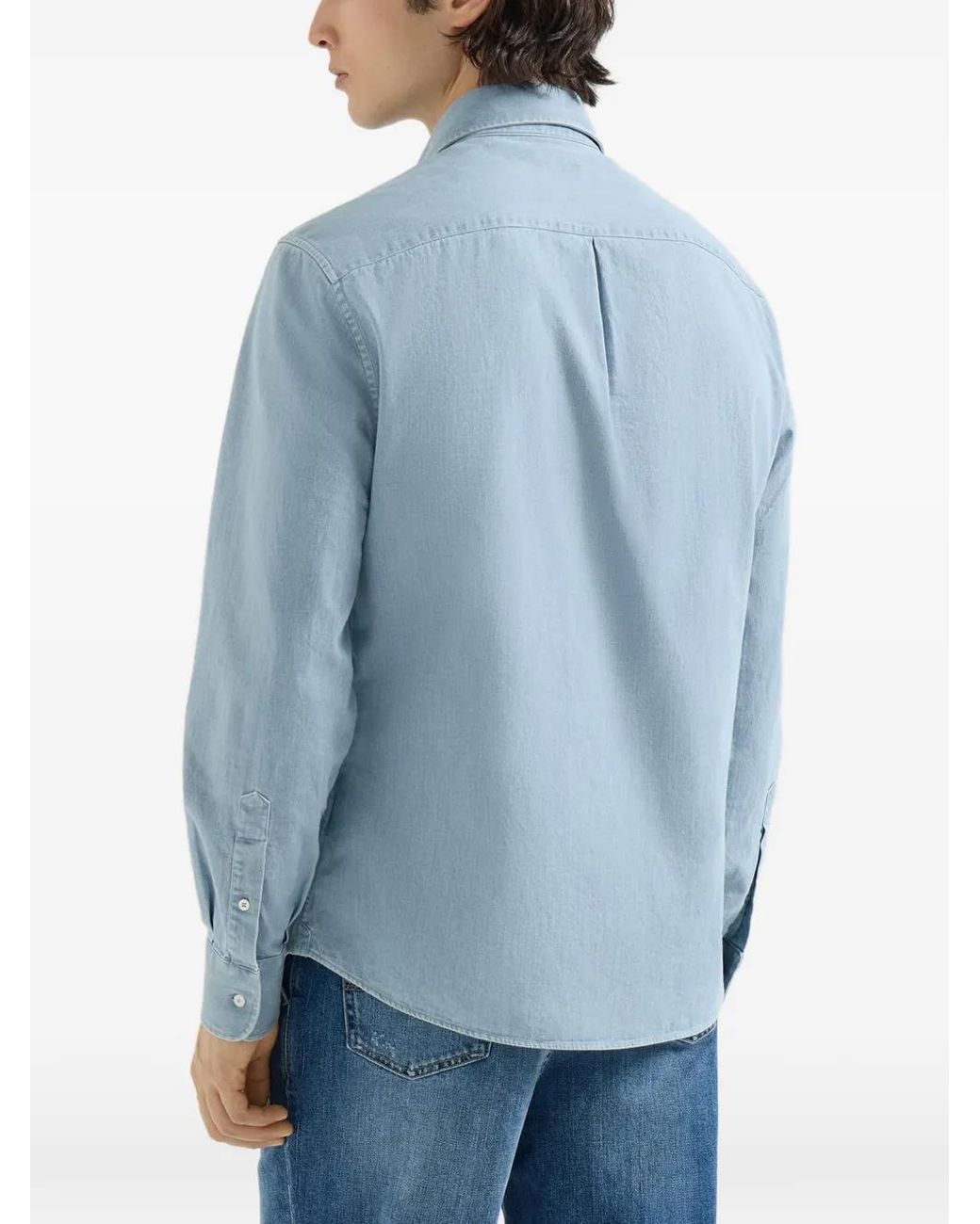 Brunello Cucinelli Blue Lightweight Denim Shirt With Italian Collar And Chest Pocket for men
