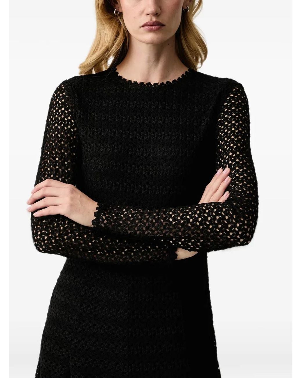 Silvian Heach Black Crochet-Knit Flared Midi Dress