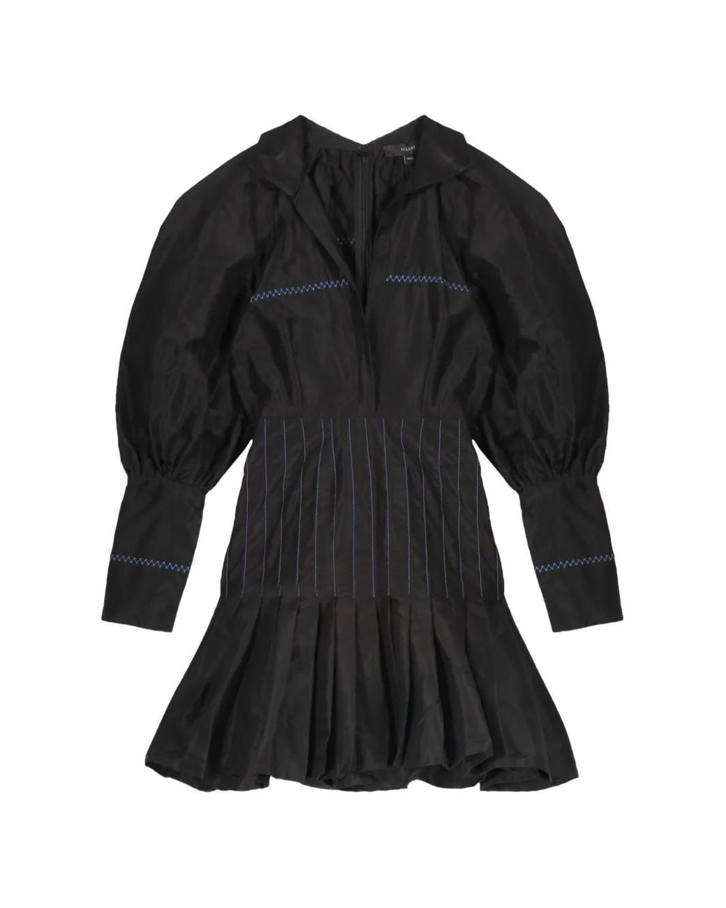 Ellery Black Pleated Puff-Sleeves Mini Dress