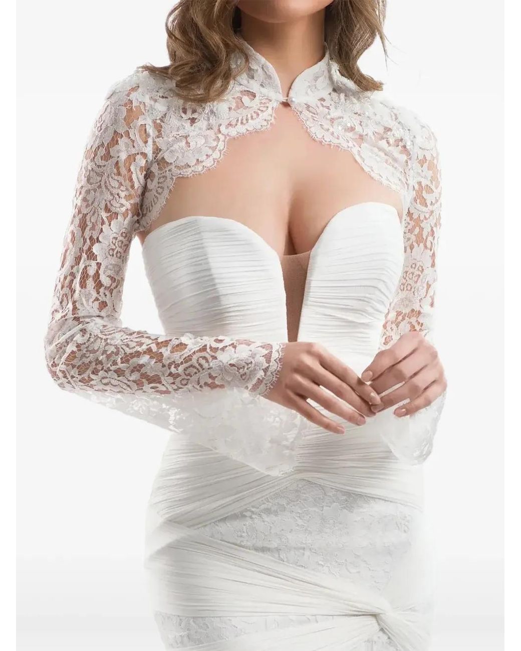 IMROSKA White Crystal Forest Lace-Overlay Bolero Cardigan