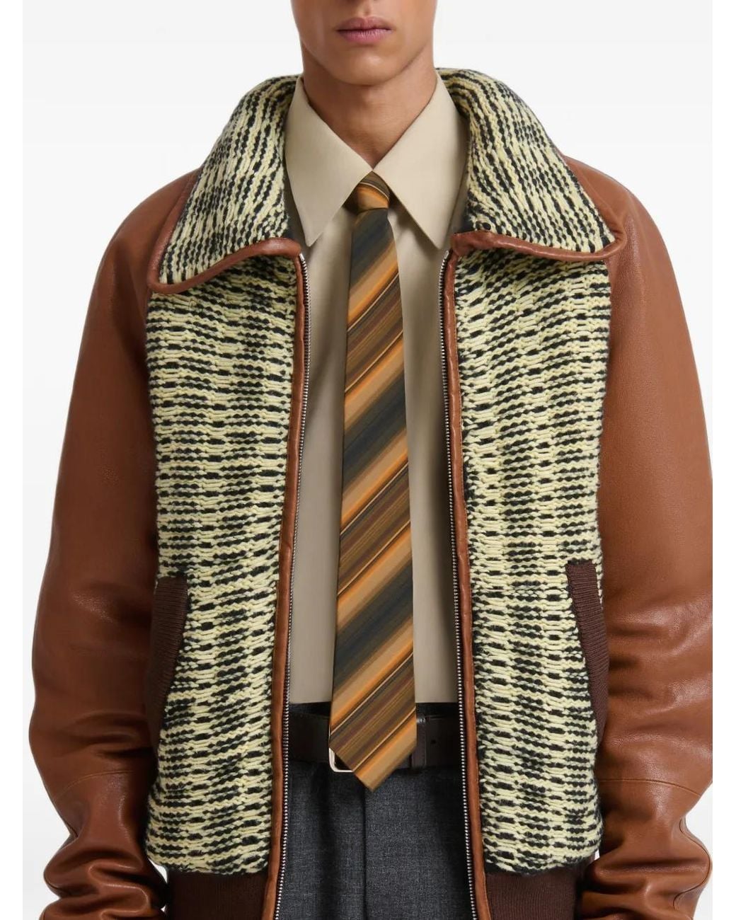 Marni Green And Light Cotton-Wool Knit Jacket With Leather Sleeves for men