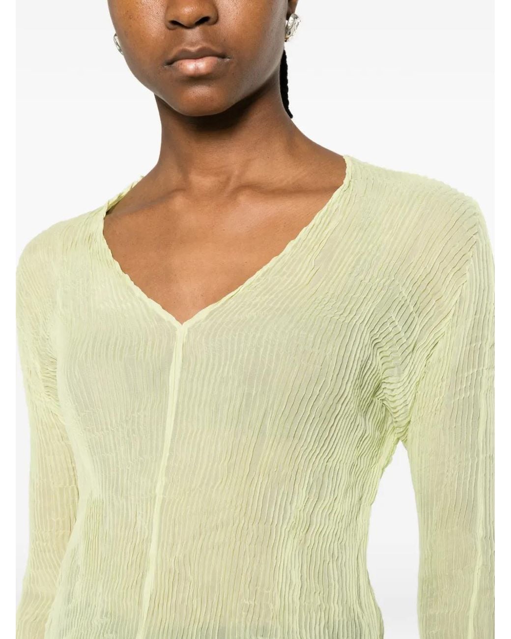 Issey Miyake Yellow V-Neck Ruffled T-Shirt