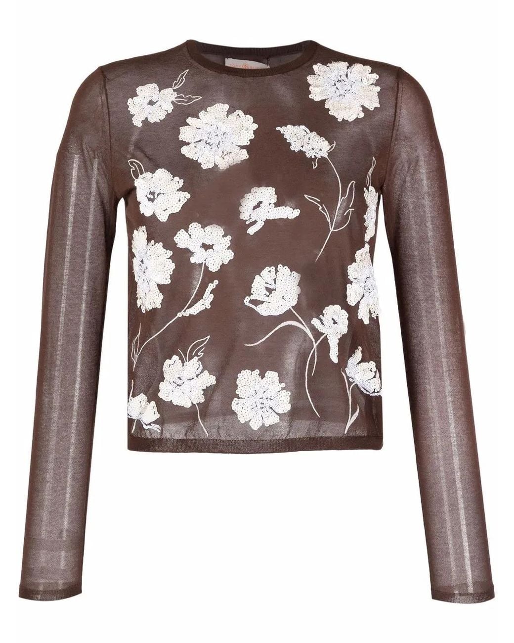 Tory Burch Brown Floral-Embroidered Knitted Top