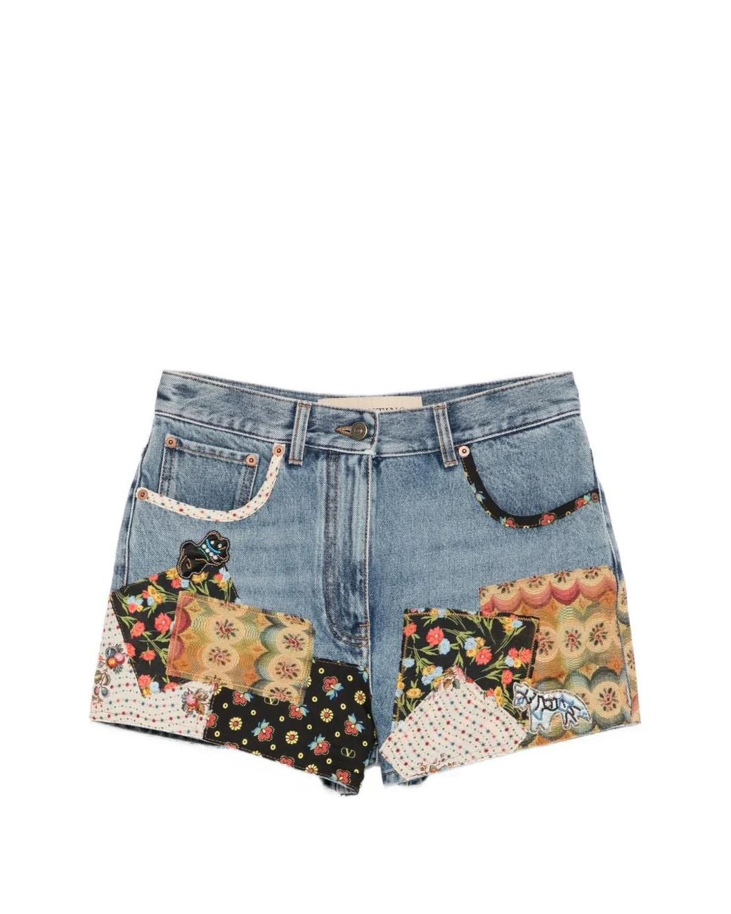 Valentino Garavani Blue Patchwork Beaded-Appliqué Denim Shorts