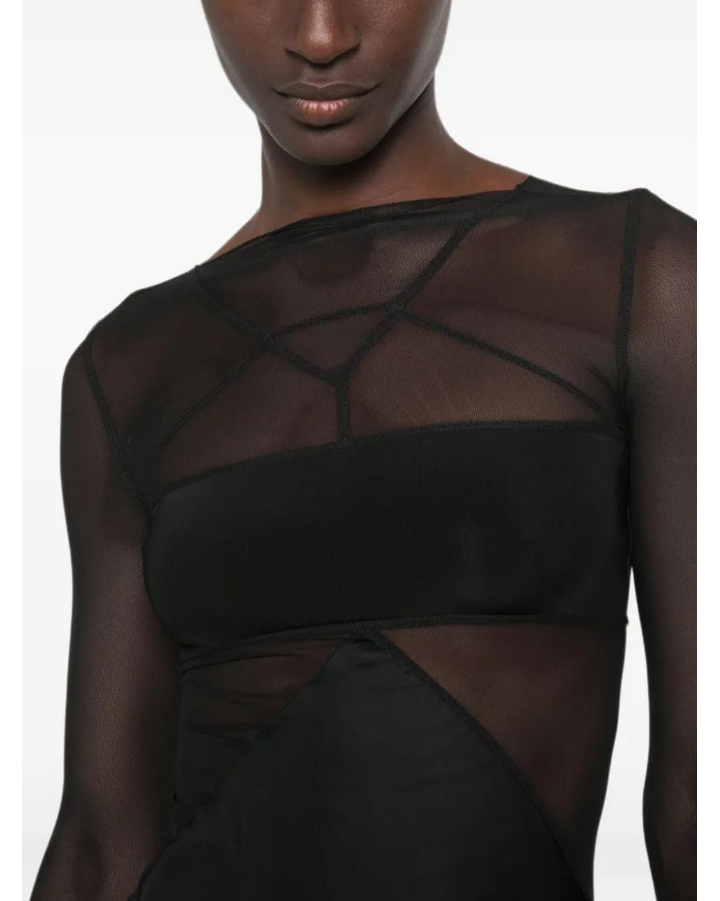Rick Owens Black Robe Longue En Tulle Stretch À Empiècements