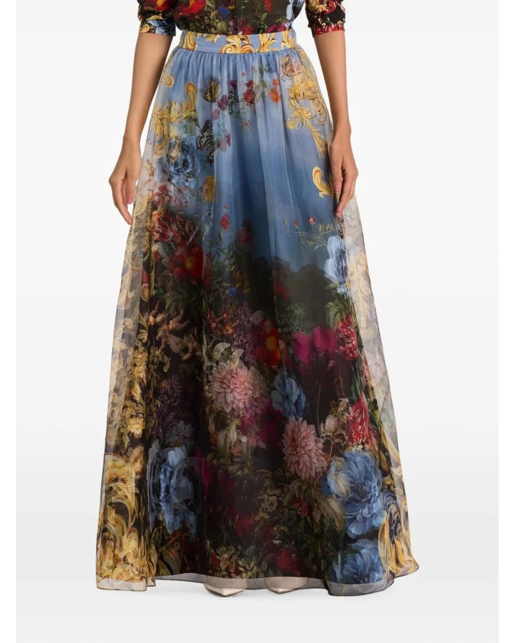 Alice + Olivia Blue Dixie Floral-Print Silk Maxi Skirt