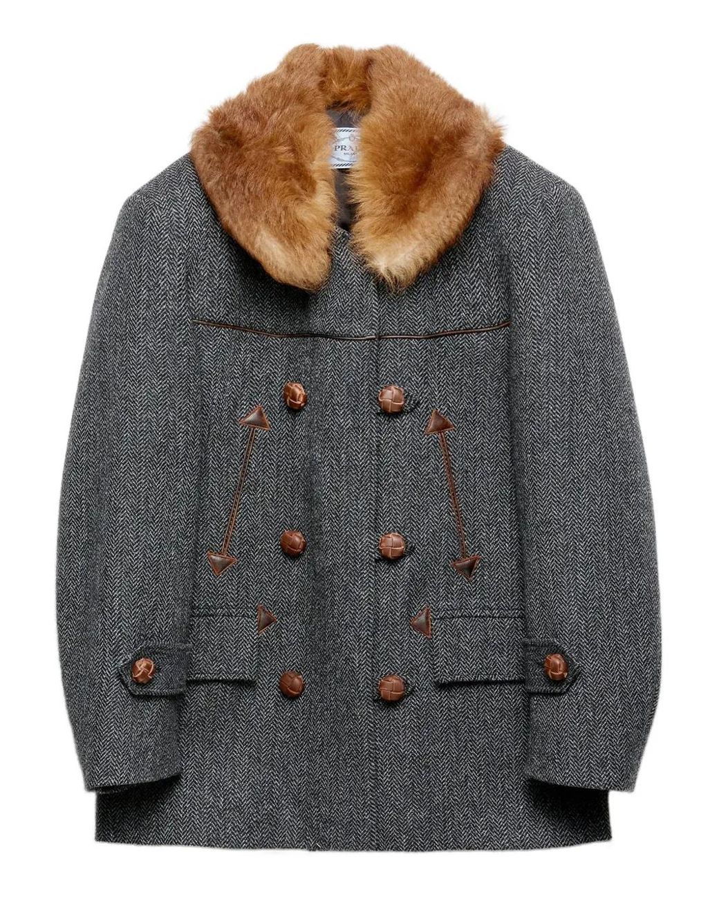 Prada Gray Herringbone Shearling-Collar Double-Breasted Coat