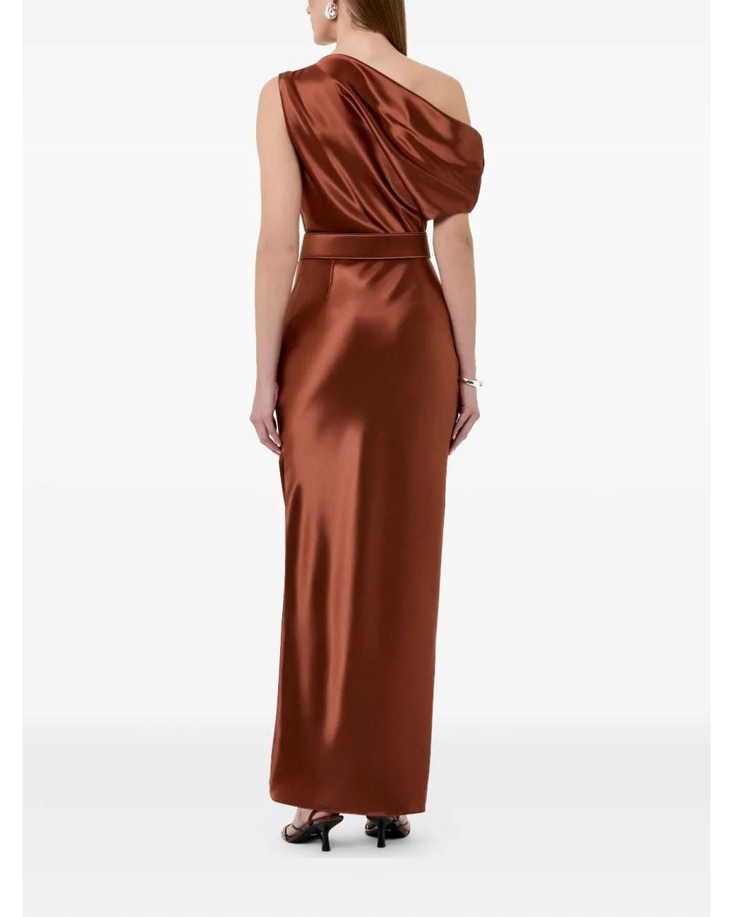Nicholas Orange One-Shoulder Belted-Waist Maxi Dress