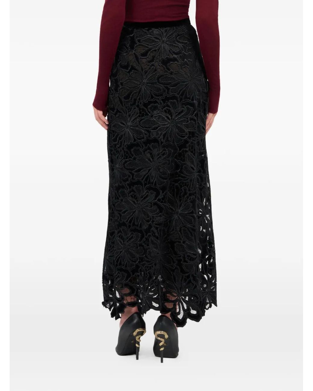 Roberto Cavalli Black Floral Lace Maxi Skirt