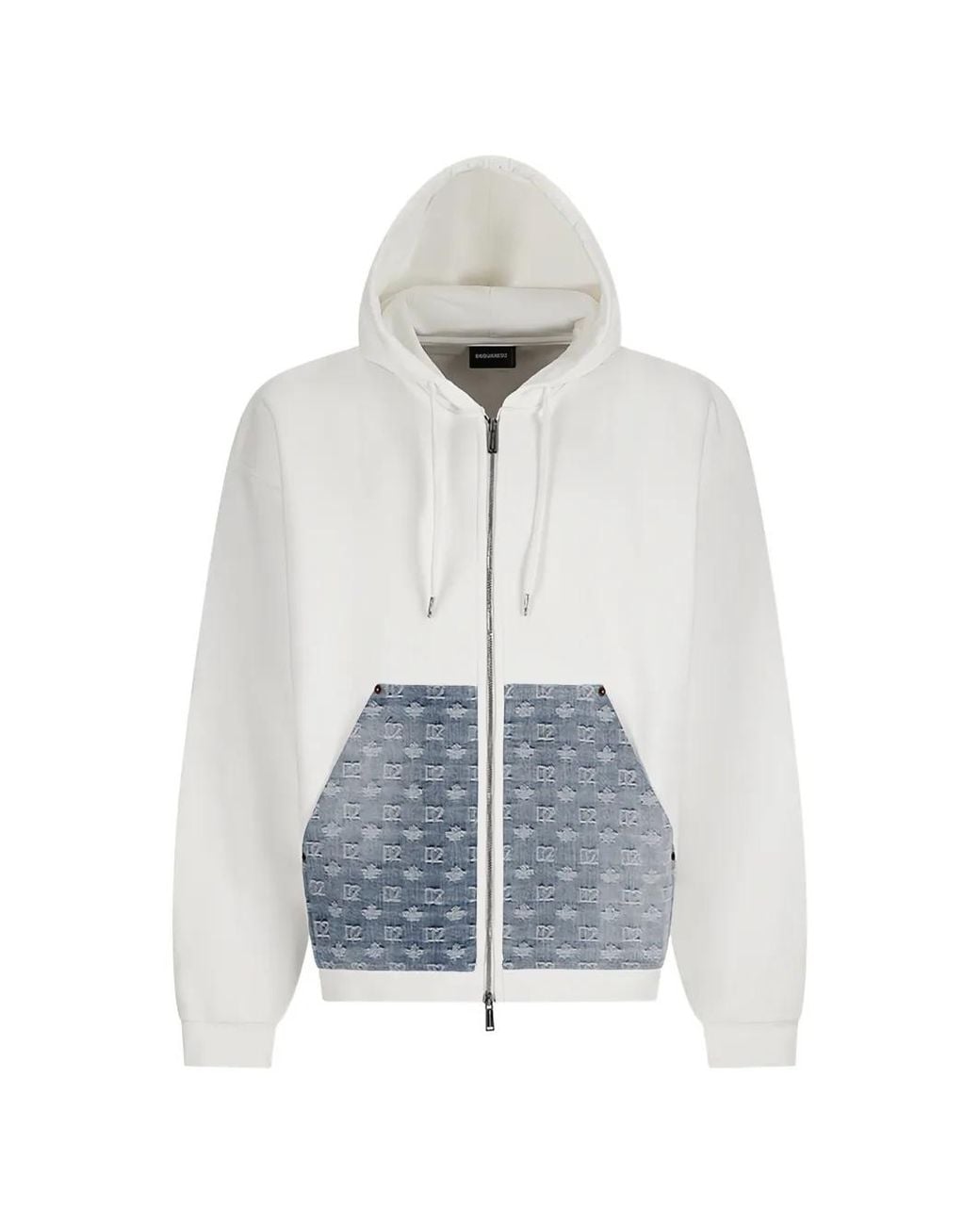 DSquared² White Logo-Pattern Denim-Panel Hoodie for men
