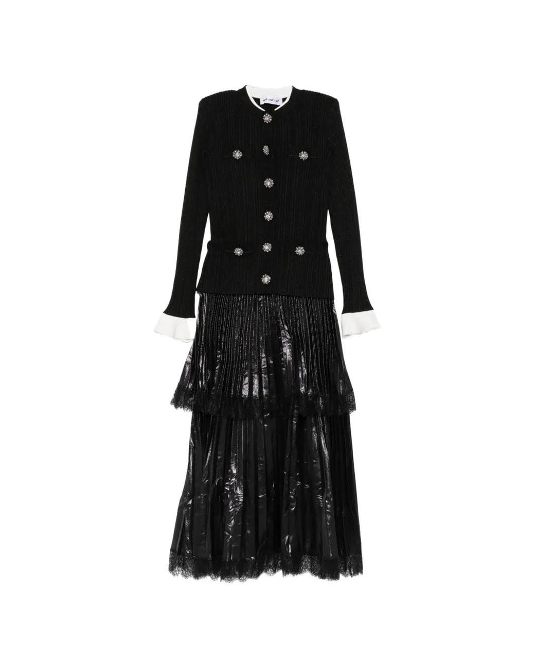 Self-Portrait Black Crystal-Embellished Pleated Midi Dress