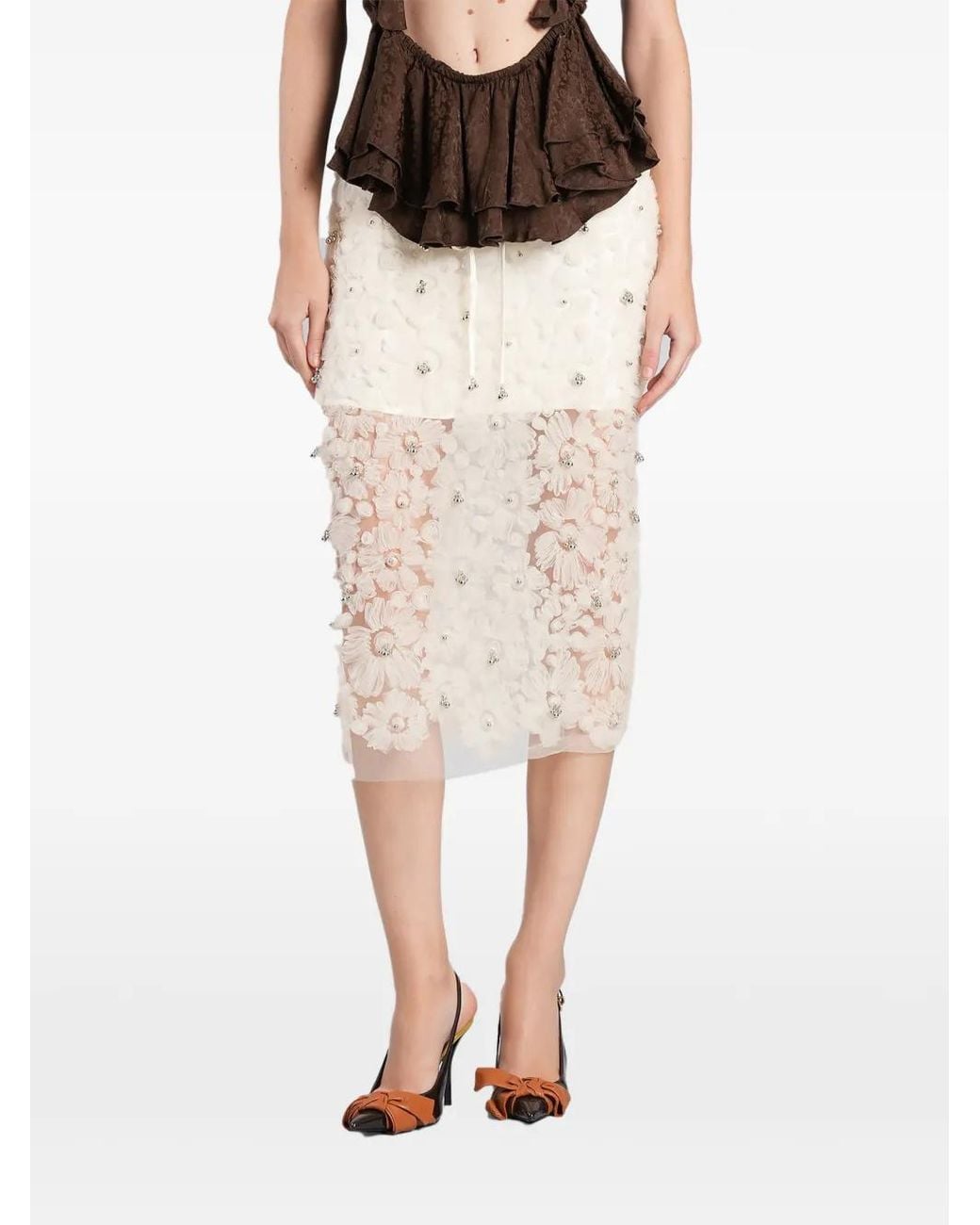 Siedres Natural Siam Floral-Appliqué Beaded Midi Skirt