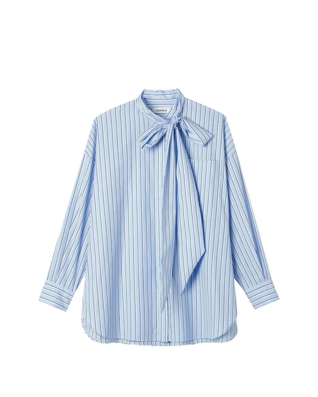 Enfold Blue Striped Pussy-Bow Blouse