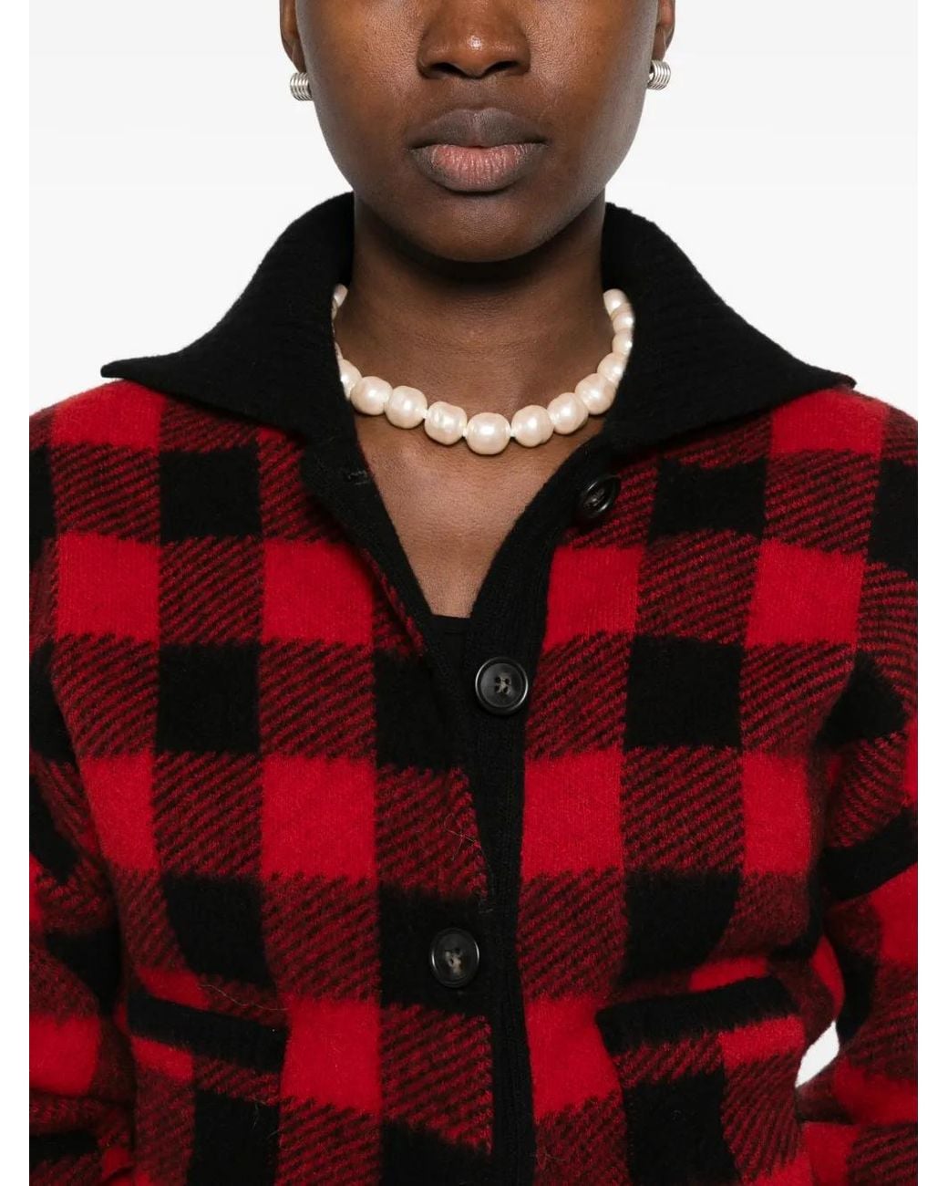 N°21 Red Check-Pattern Virgin-Wool Cardigan