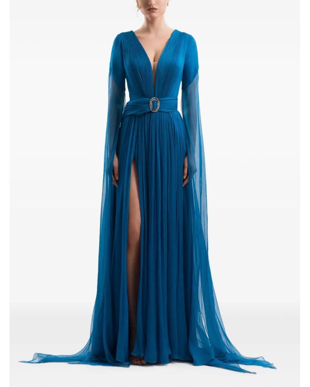 IMROSKA Blue Pleated Belted Maxi Dress