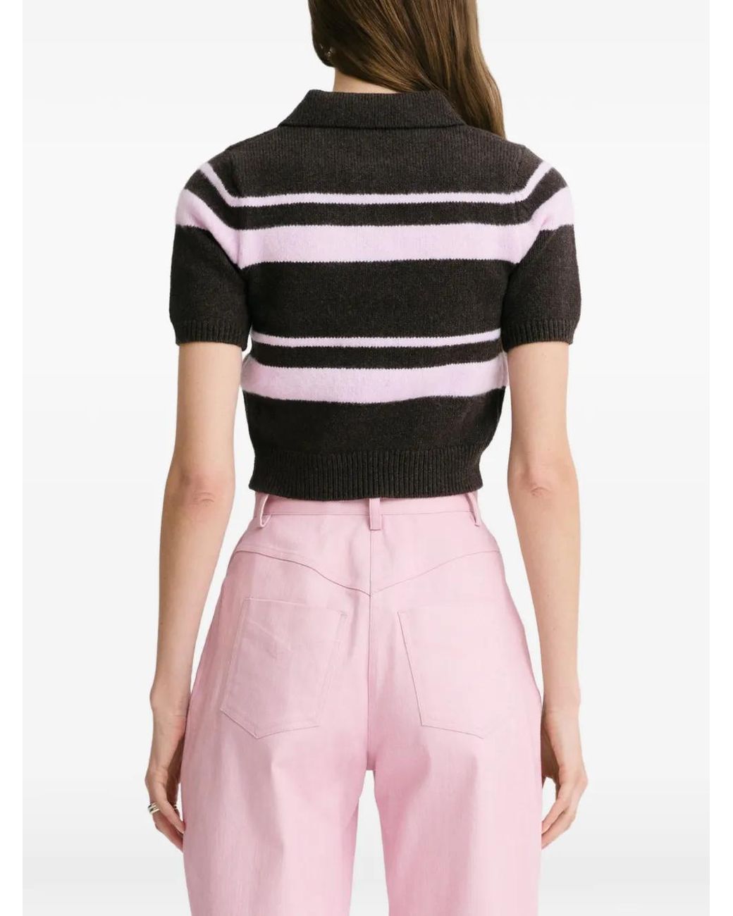 Matthew Bruch Pink Striped Cropped Polo-Collar Sweater