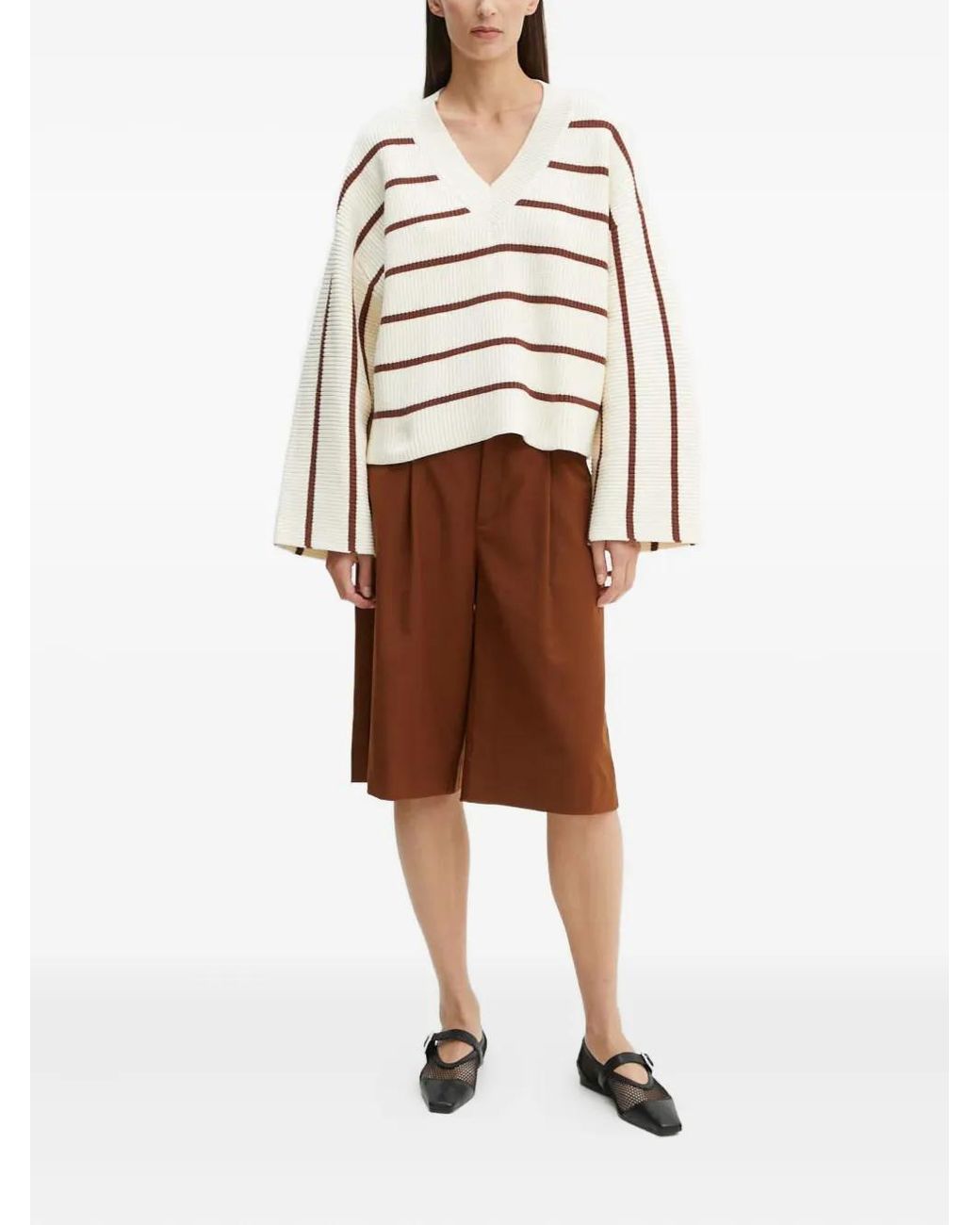 Gestuz Natural Striped V-Neck Sweater