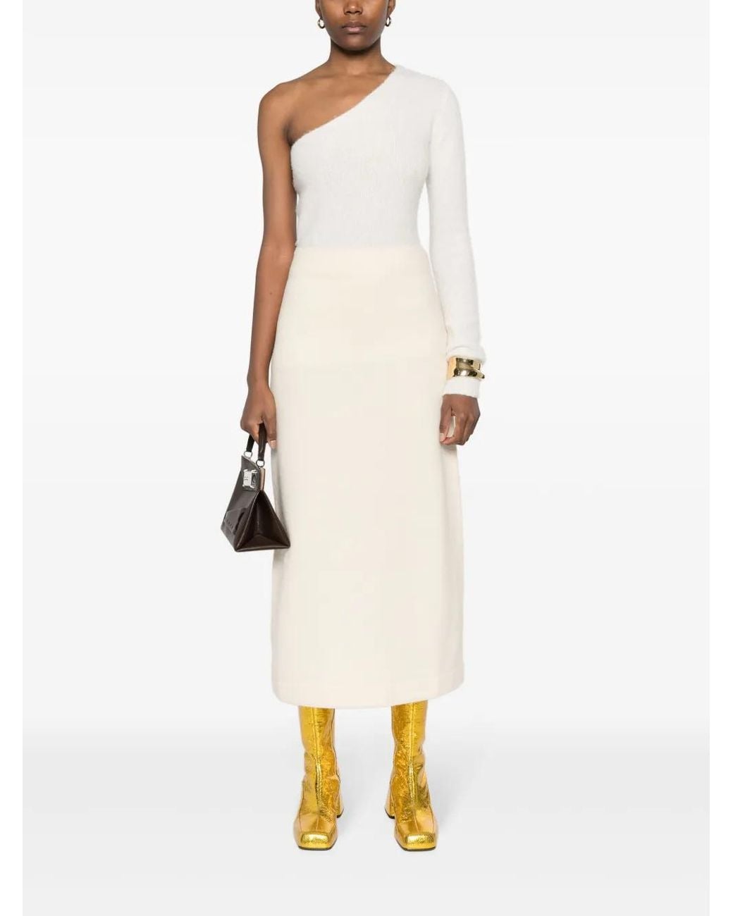 Jil Sander White Asymmetric Wool Midi Skirt