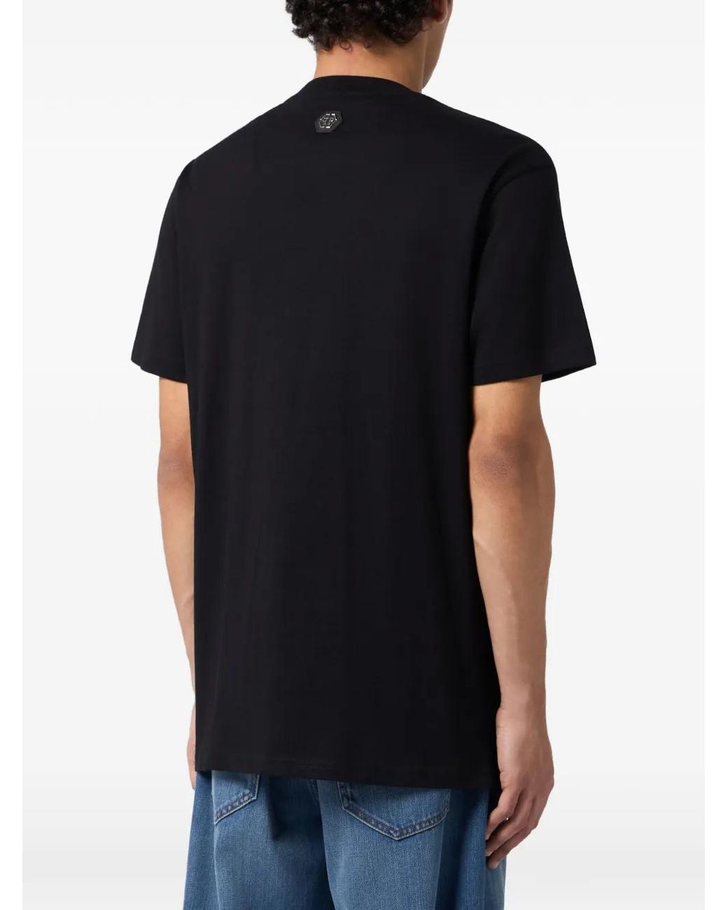 Philipp Plein Black Round Neck T-Shirt Dollar Skull Stones for men