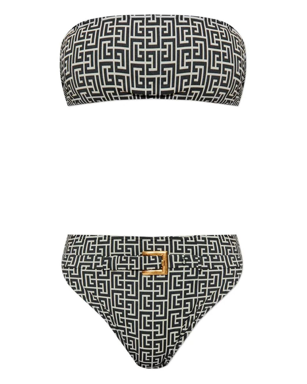 Balmain Gray Geometric-Print Belted Bikini
