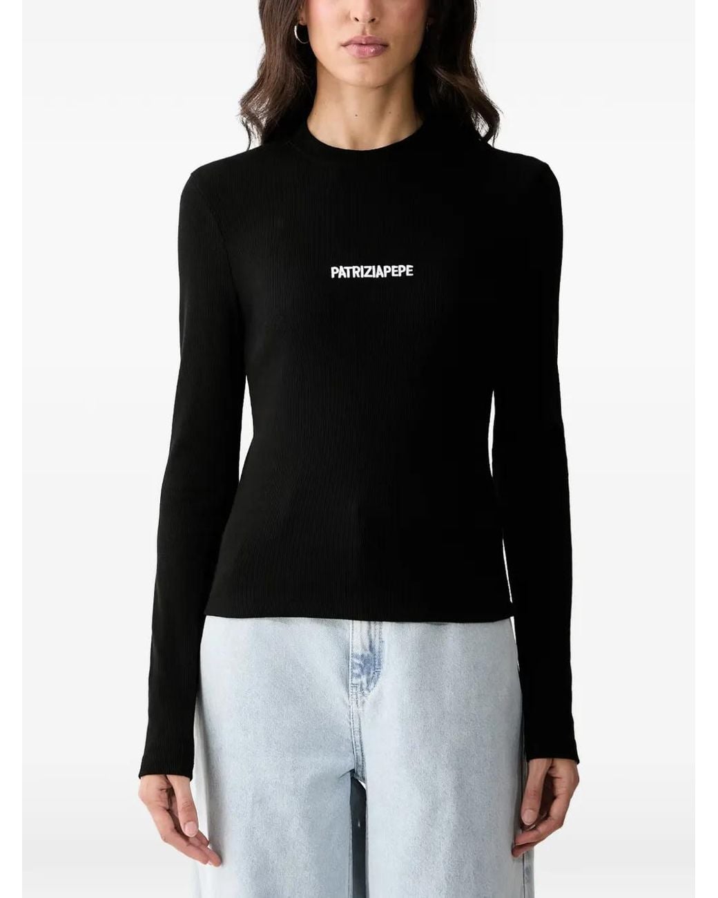 Patrizia Pepe Black Logo-Embroidered Ribbed Long-Sleeve T-Shirt