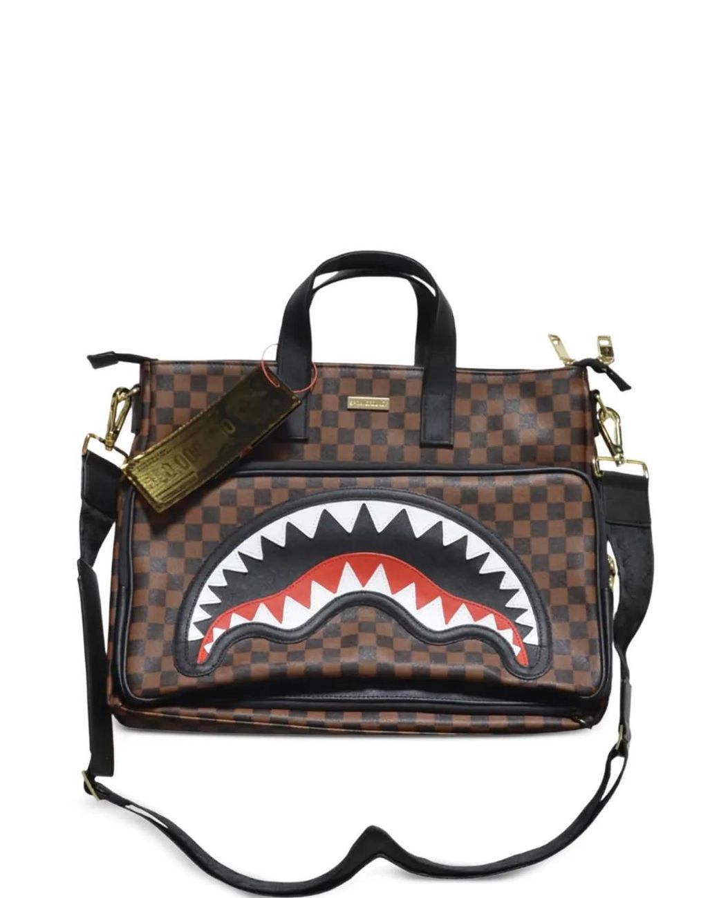 Sprayground Black Checkerboard-Patern Sawtooth-Detail Tote Bag