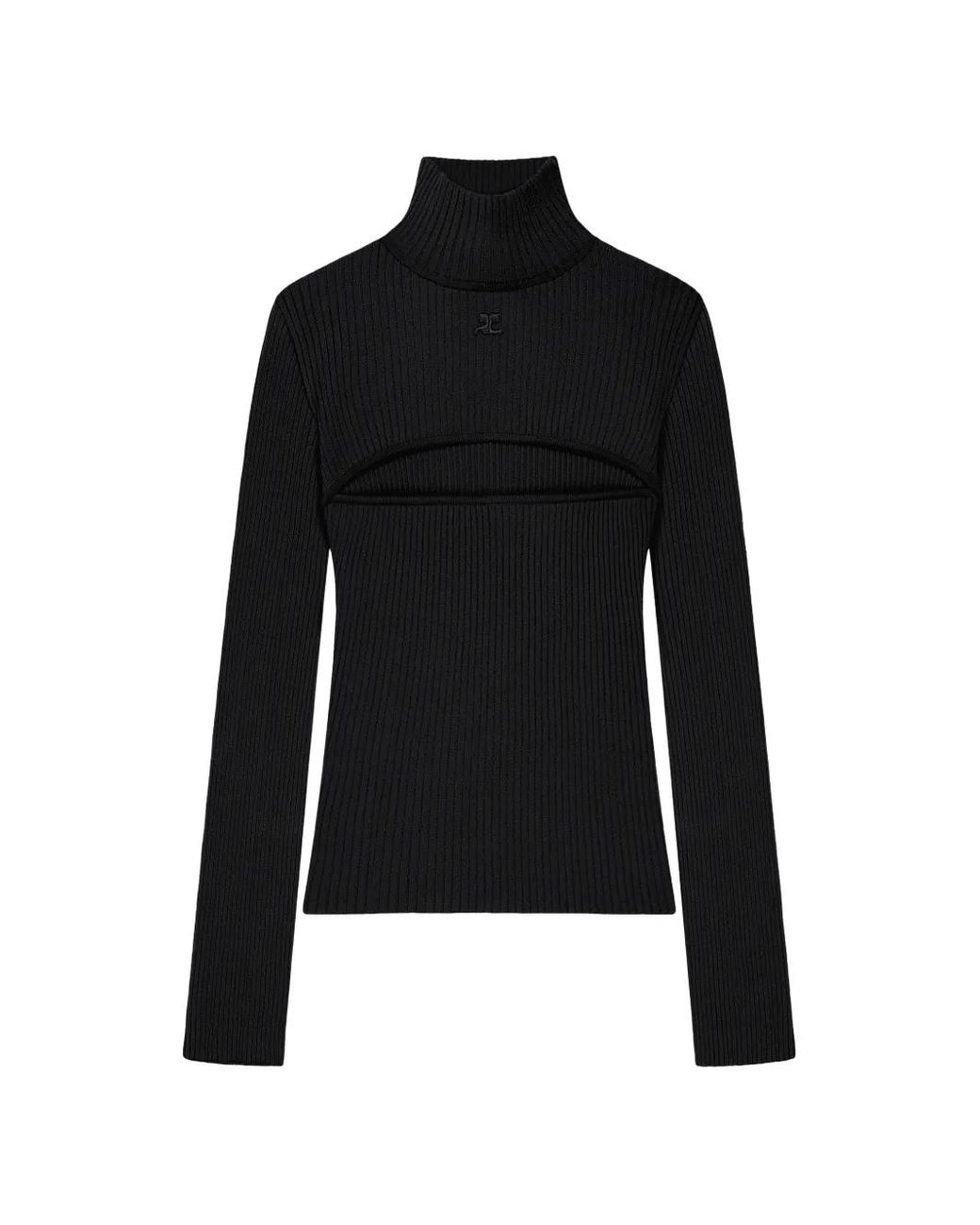 Courreges Black Ribbed Knit Slash Mockneck Sweater