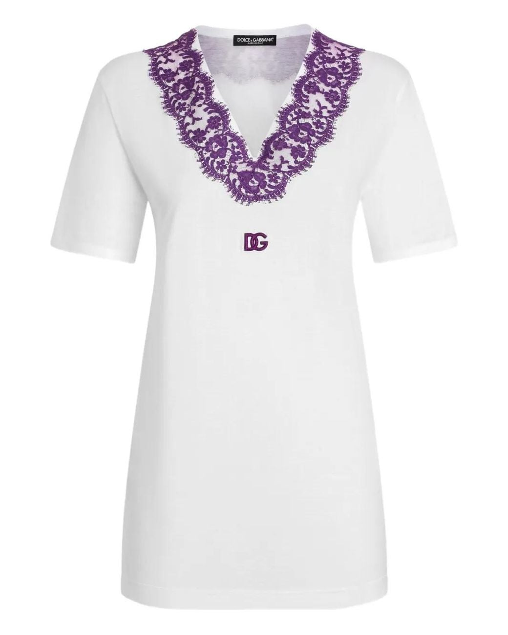 Dolce & Gabbana White Jersey T-Shirt With Lace And Dg Patch
