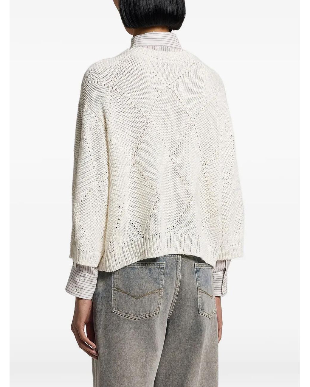 Peserico White Sequinned Diamond-Knit Crew-Neck Sweater