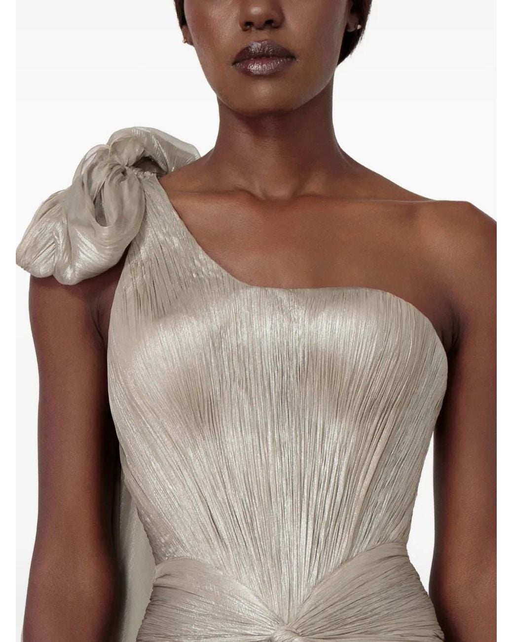 IRIS SERBAN Natural Lissa One-Shoulder Bow Maxi Dress