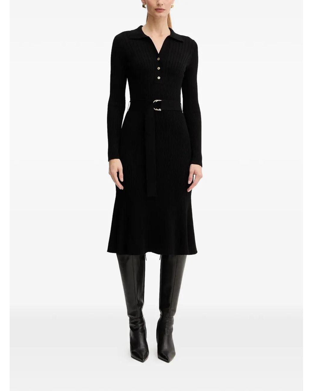 MARCIANO BY GUESS Black Long-Sleeve Belted Midi Dress