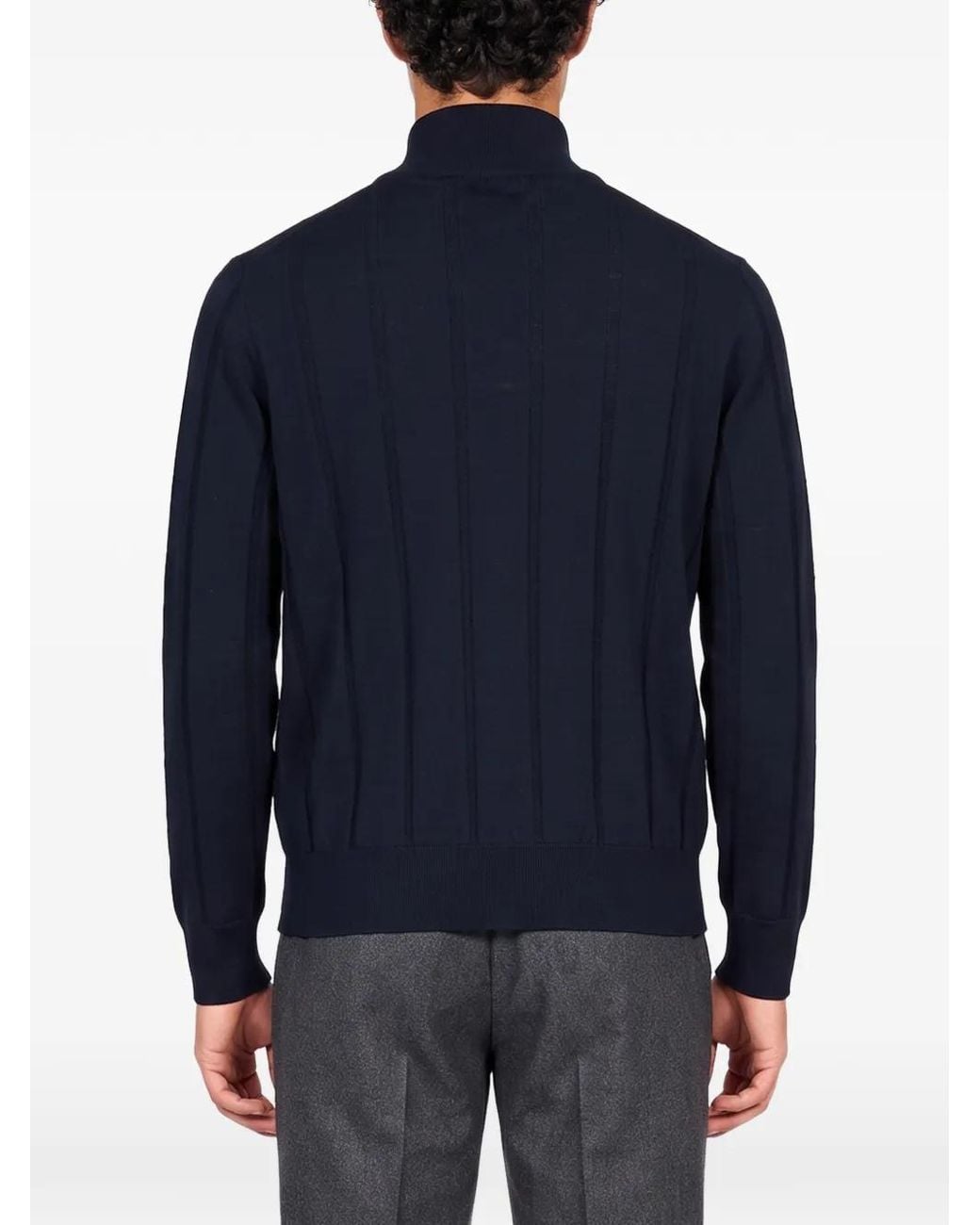 Canali Blue Quarter-Zip Vertical-Ribbed Sweater for men