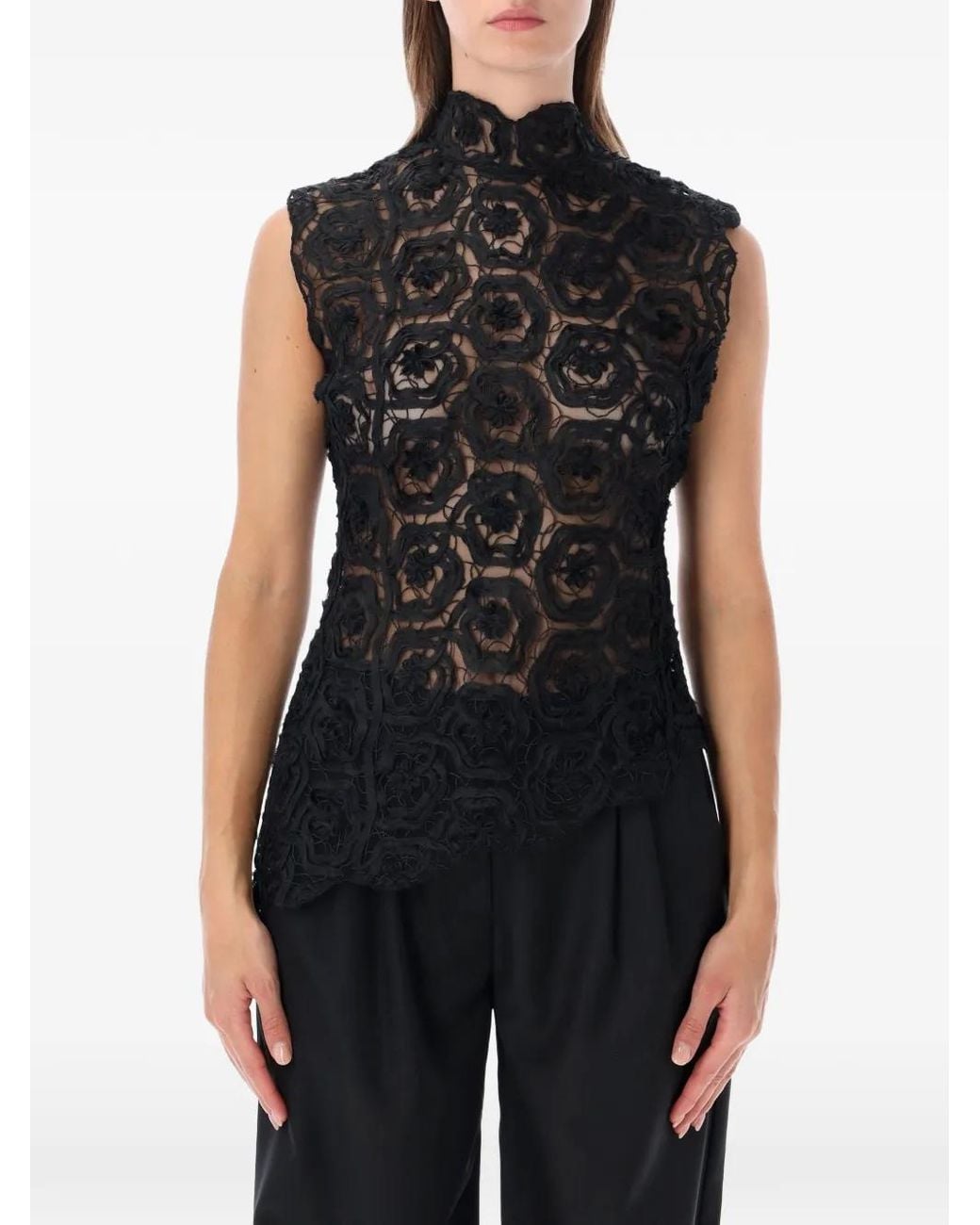OperaSPORT Black Donatella Floral-Lace Asymmetric Top