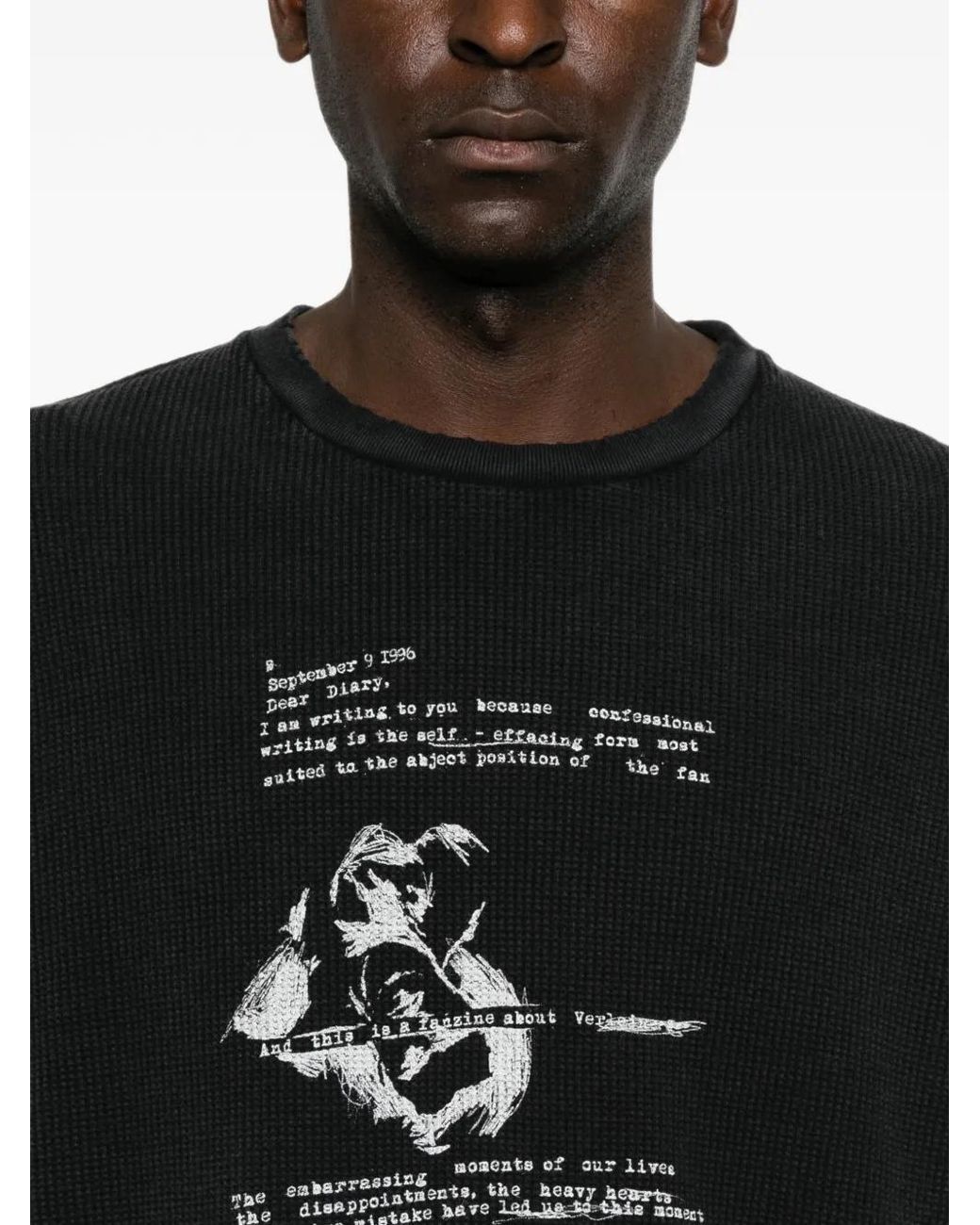 Ann Demeulemeester Black Graphic-Print Waffle-Knit T-Shirt for men