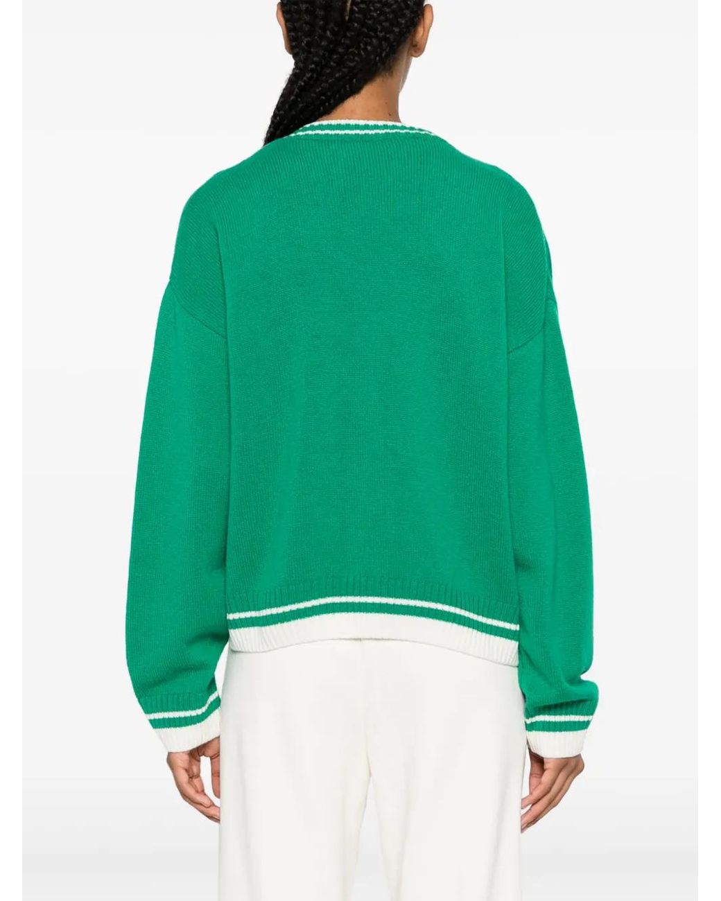 MSGM Green Striped-Edge Knitted Cardigan