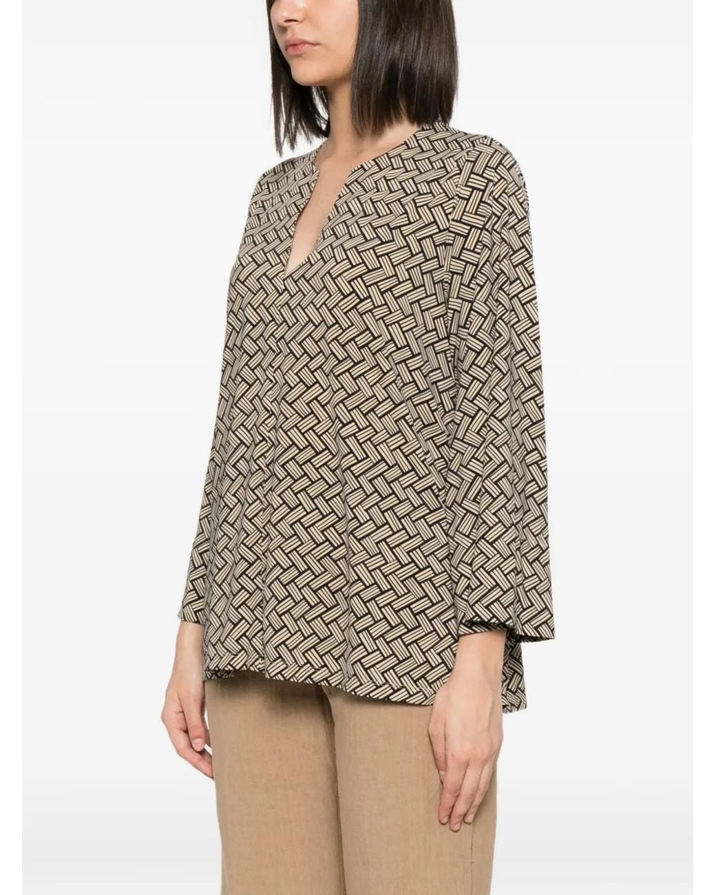 Siyu Brown Geometric-Pattern V-Neck Blouse