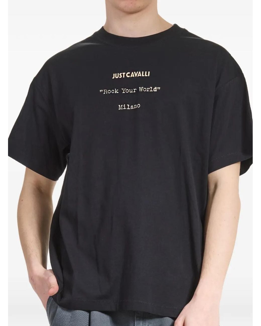Just Cavalli Blue Flame-Print Slogan-Print T-Shirt for men