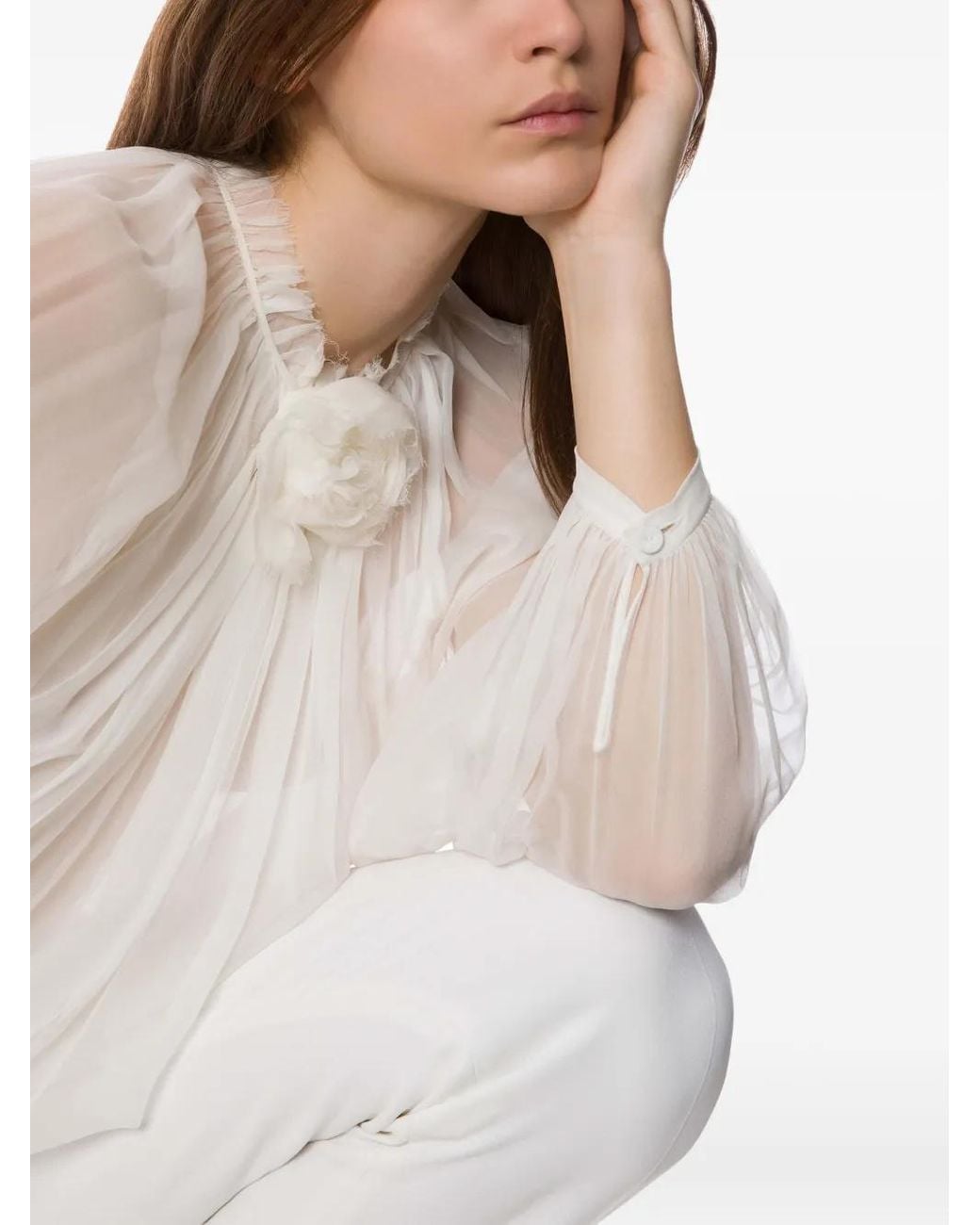 Alberta Ferretti White Sheer Silk Blouse With Floral Embellishment