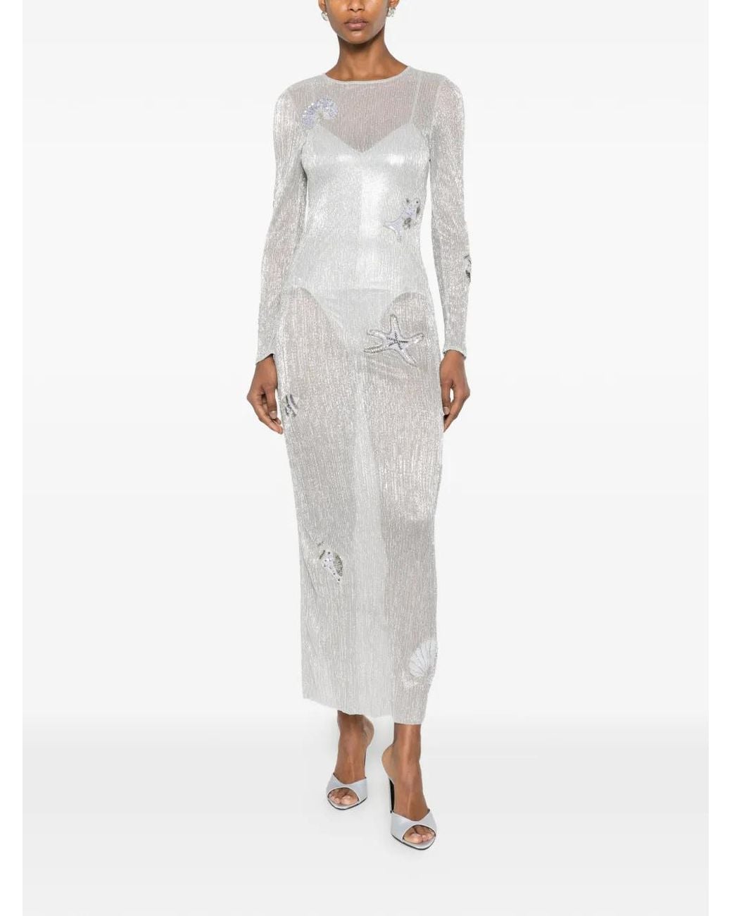 Leslie Amon White Sea Shell-Patch Maxi Dress