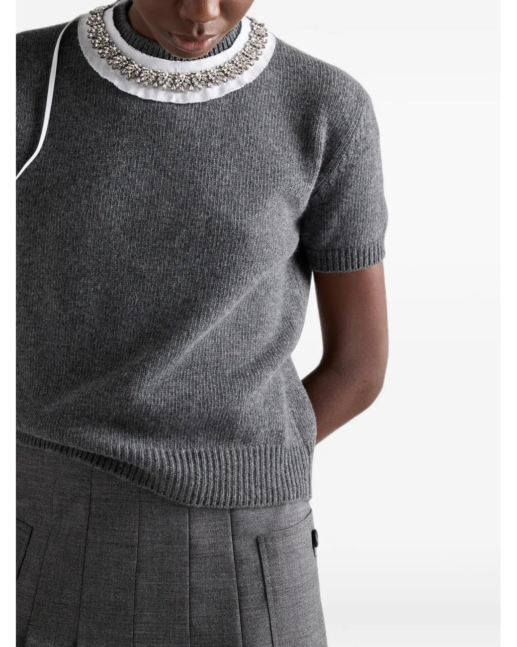 Prada Gray Kurzärmeliger Kaschmirpullover
