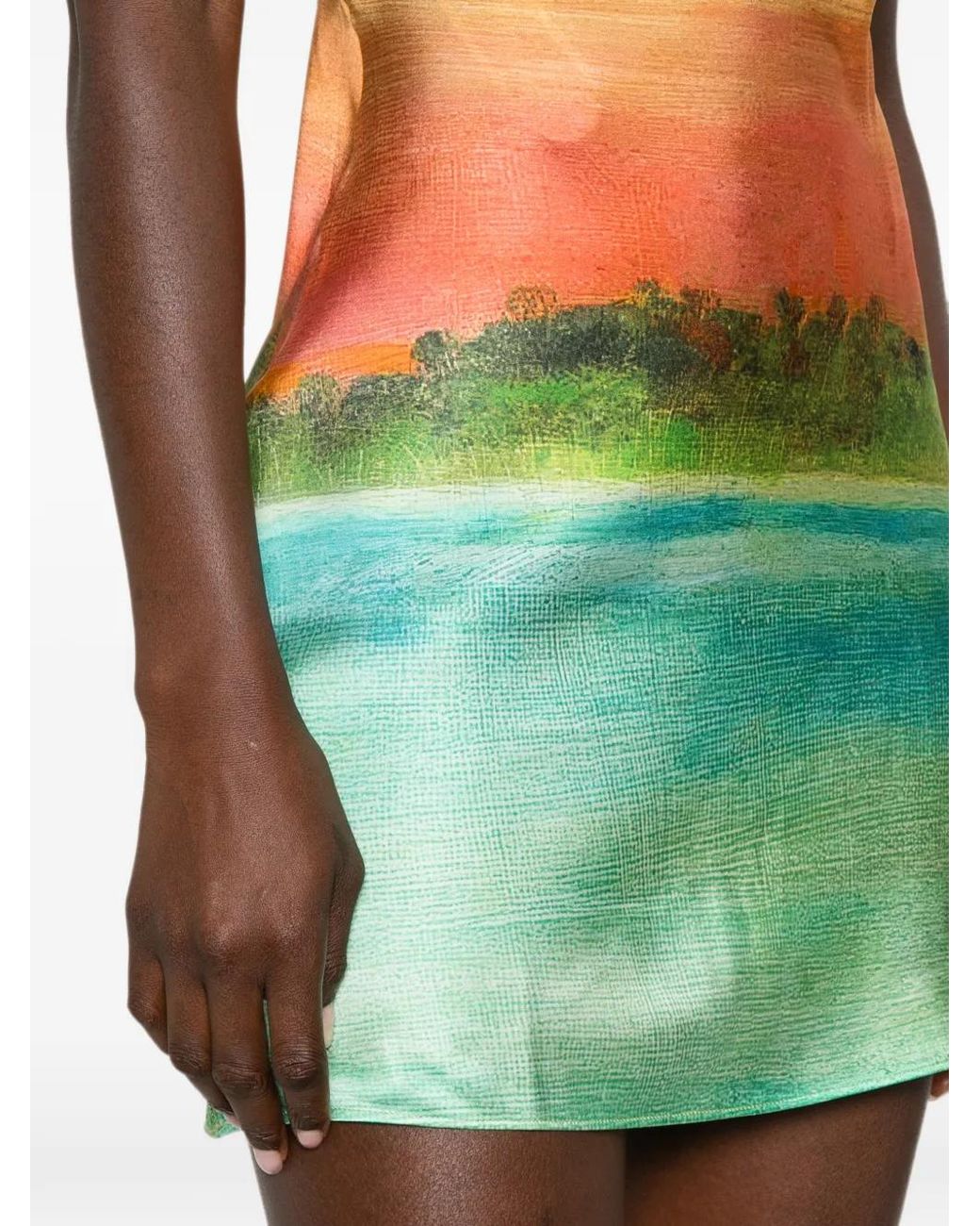 Donde Esteban Green Landscape-Print Cowl-Neck Mini Dress
