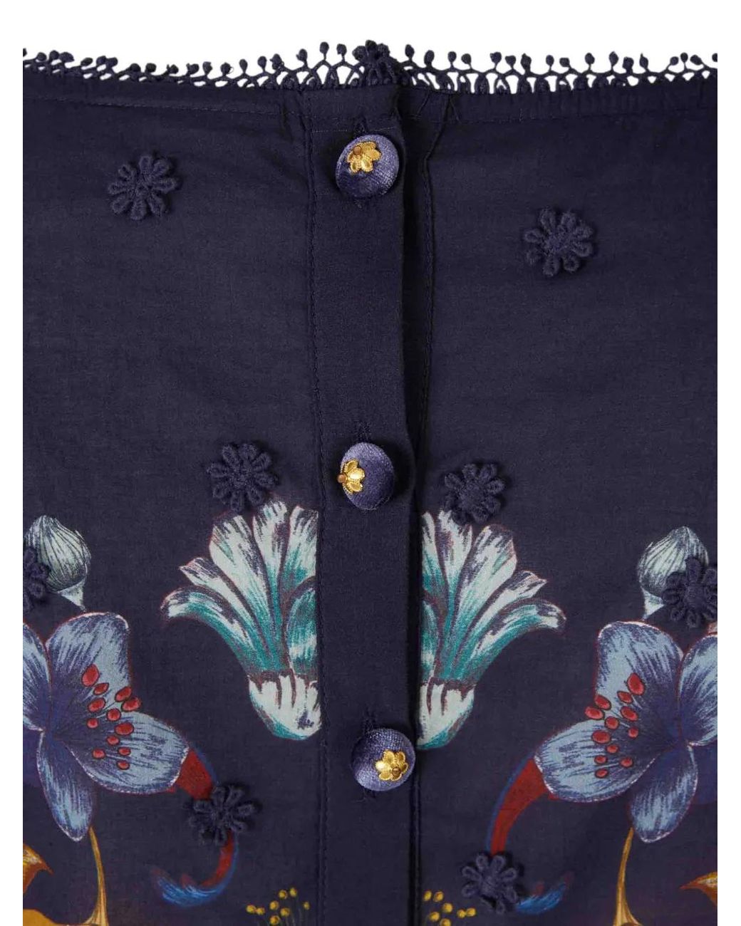 Farm Rio Blue Golden Nature Floral-Print Puff-Sleeve Top