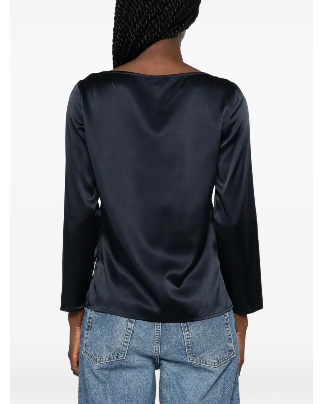 Purotatto Blue Satin-Finish Boat-Neck Blouse