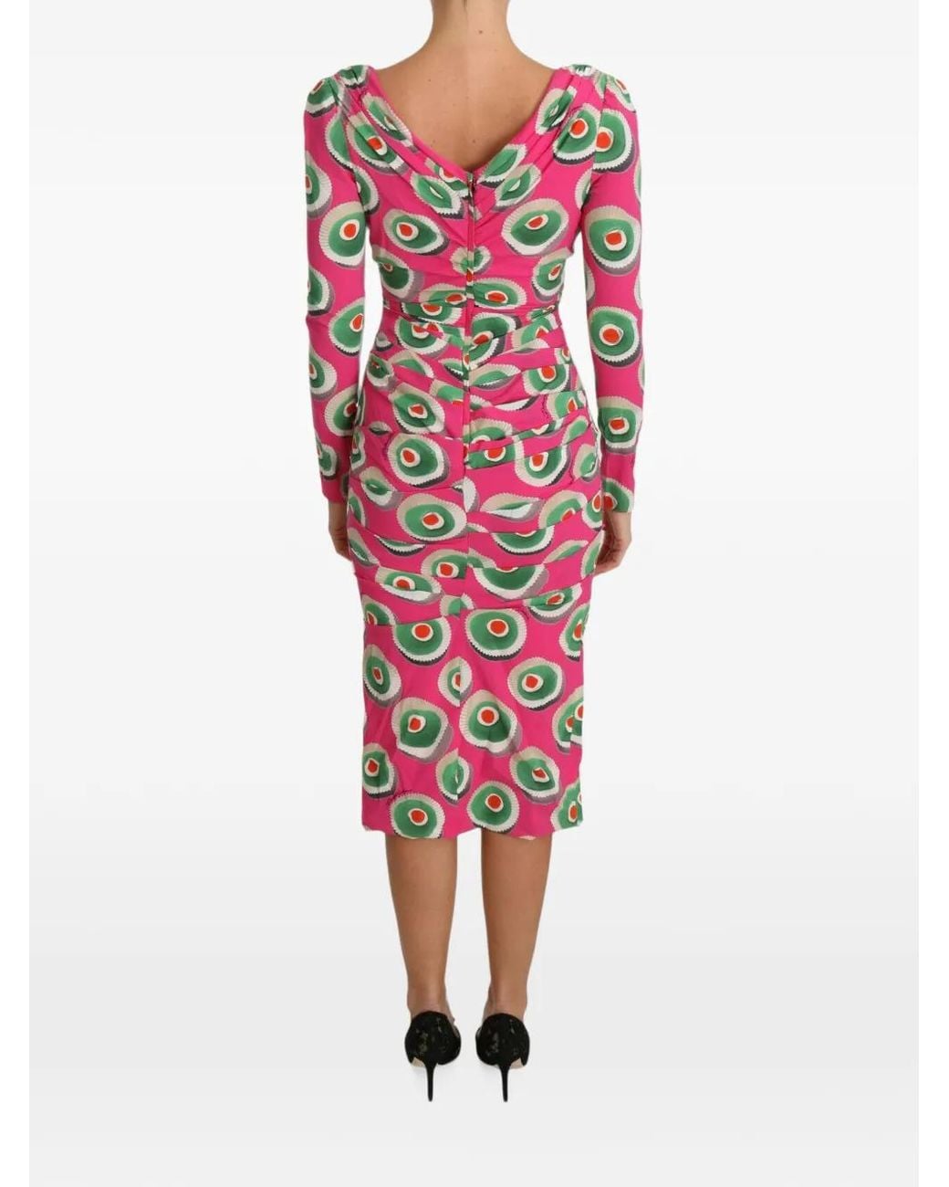 Dolce & Gabbana Red Pastry-Print Ruched Dress