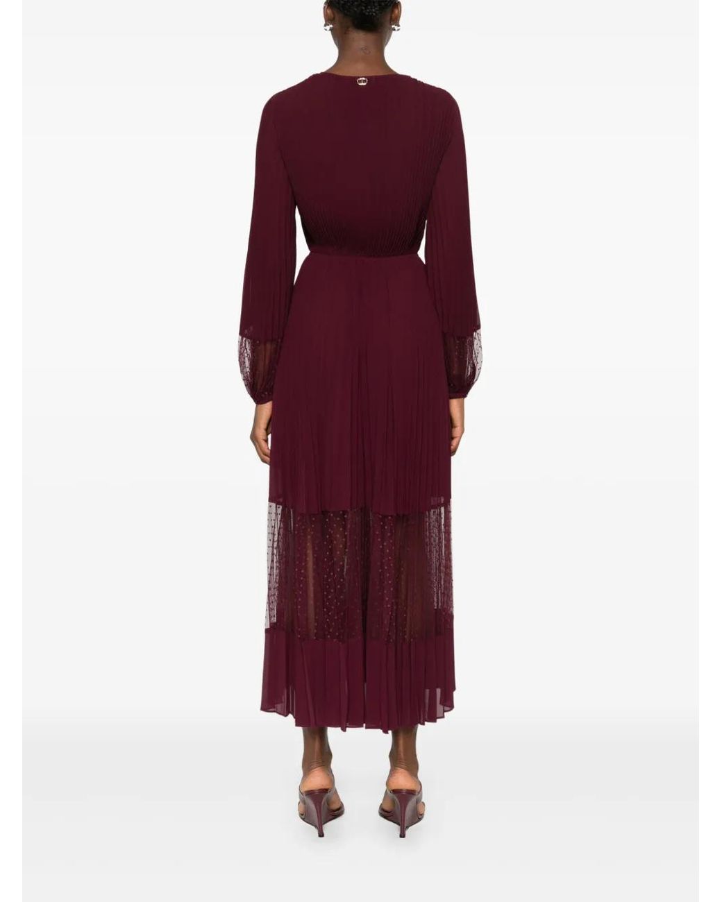 Twinset Purple Pleated Spotted-Panel Midi Dress