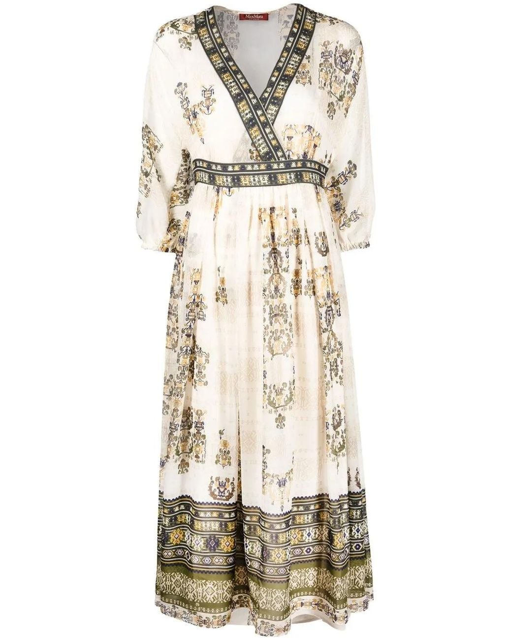 Max Mara Natural Graphic-Print V-Neck Dress