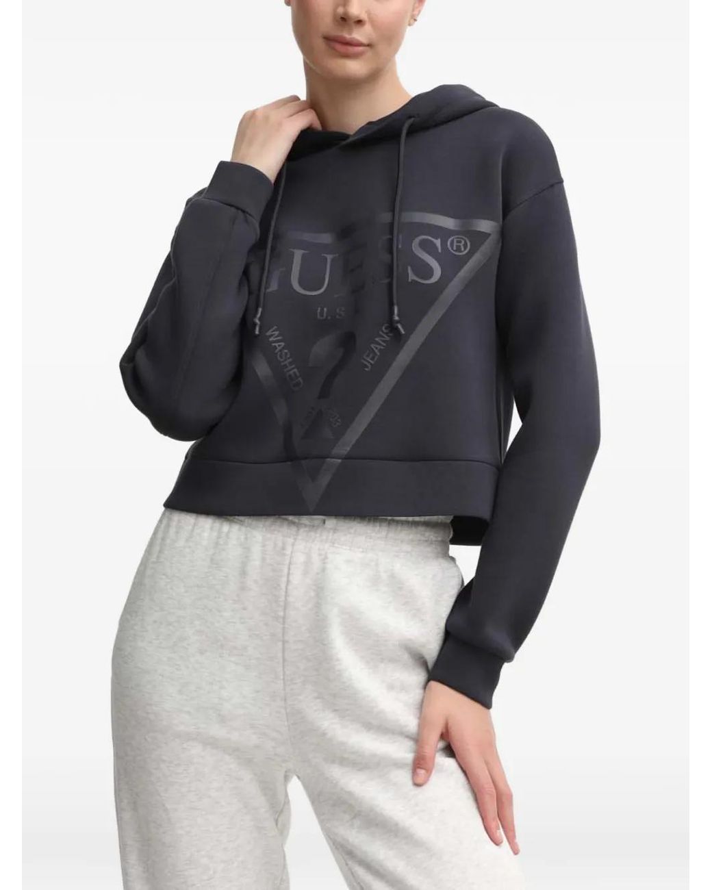 Guess Gray Logo-Print Cropped Hoodie
